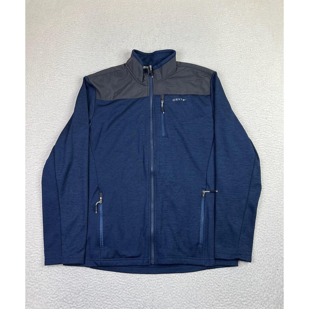 Orvis Jacket Mens Large Blue Gray Full Zip Sweater Fleece Chest Pocket Bonded